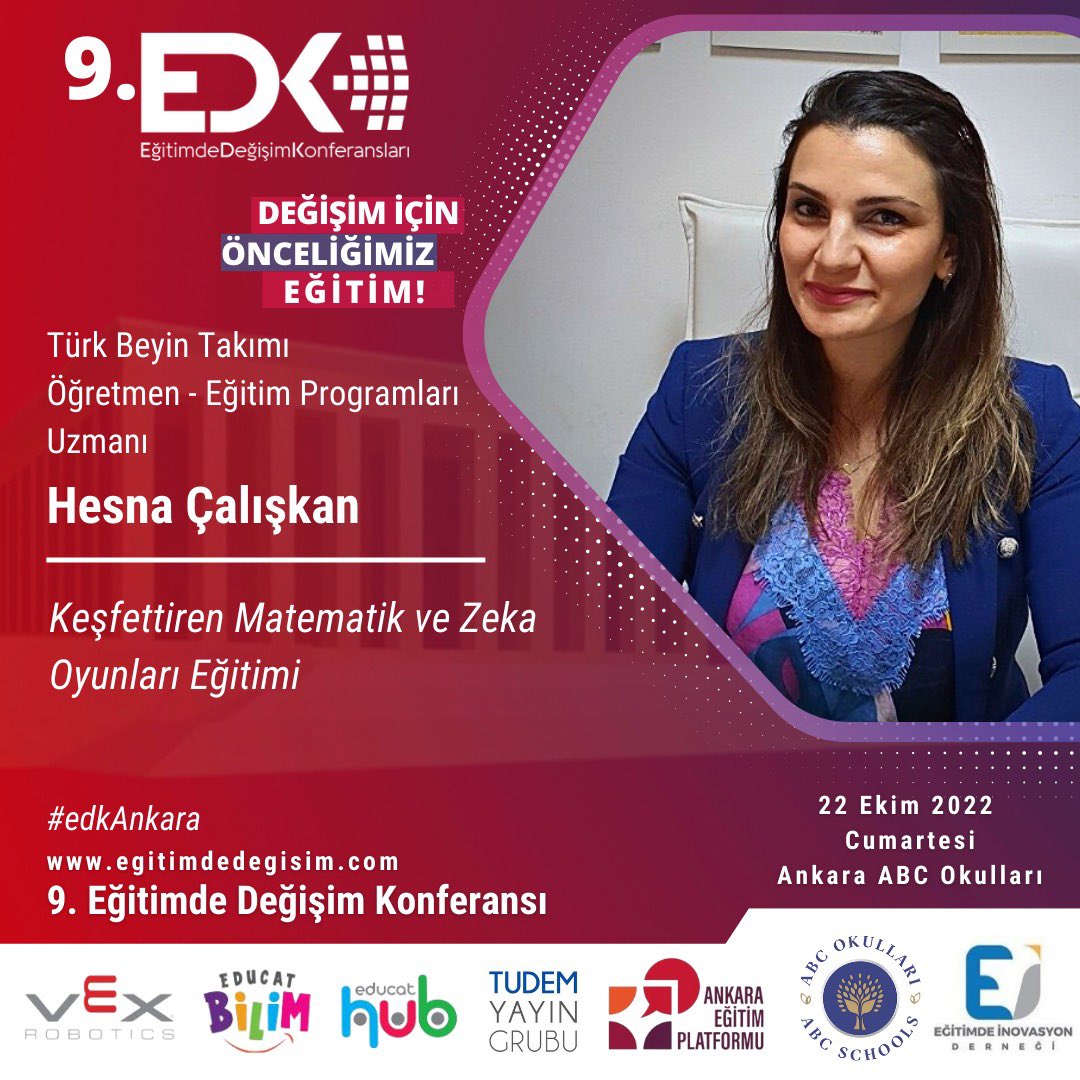egitimdedegisim's tweet photo. 9.EDK Ankara’da Türk Beyin Takımı öğretmenlerinden Hesna Çalışkan ile “Keşfettiren Matematik ve Zeka Oyunları” konulu çalışmasında bir araya geleceğiz.
🗓️Son Tarih: 22Ekim
🌐https://t.co/icMTEAieBo 
#edkAnkara #edk22 #matematiköğretimi #zekaoyunları #sunum #panel #konferans https://t.co/HvPLw1CGGd