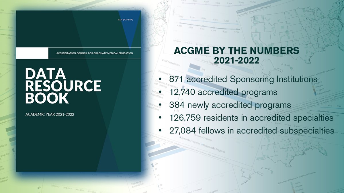 The 2021-2022 #ACGME Data Resource Book is now available! In it are statistics and information about the 153,843 active residents and fellows in 12,740 programs, as well as data, tables, and figures about #GME. acgme.org/newsroom/2022/…