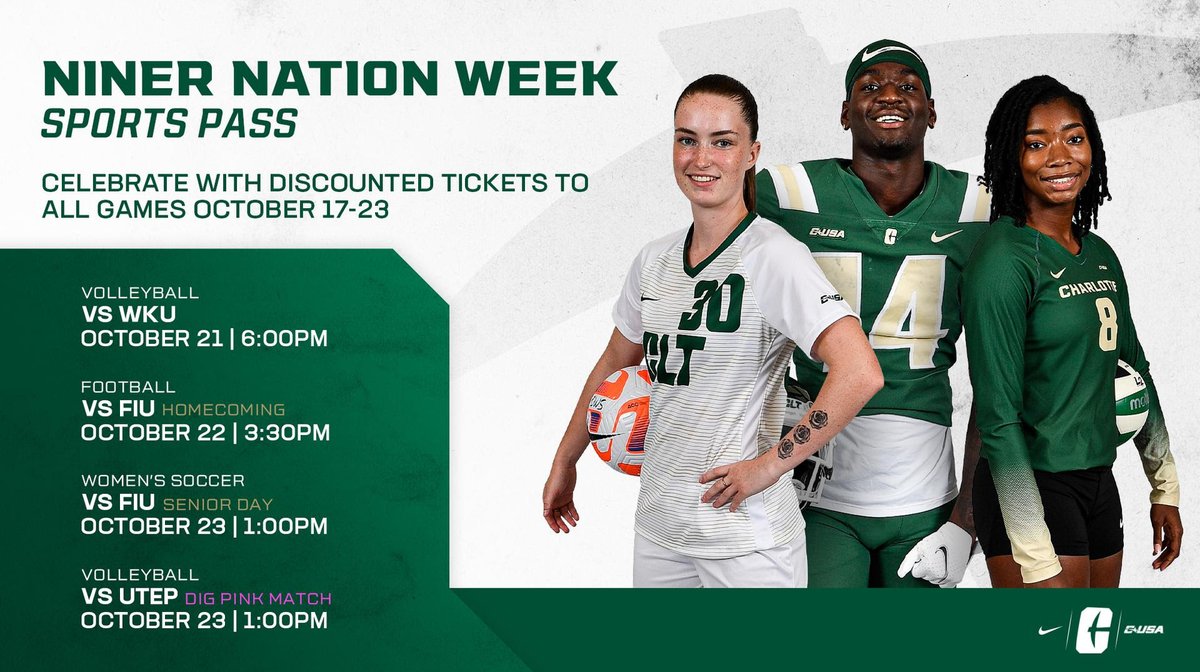 Niner Nation Week Kicks off on October 17th! Purchase our Sports Pass for discounted tickets to all athletic contests the week of October 17-23. 🎟️ » bit.ly/3Tdf4sW For more information about #NinerNationWeek » ninernationweek.charlotte.edu