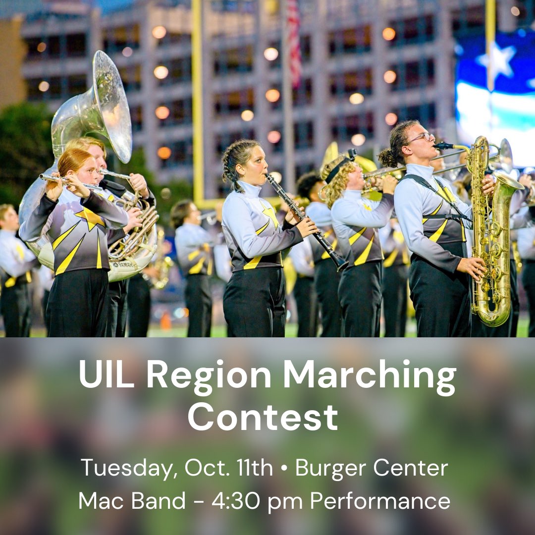 MACKnightsBand's tweet photo. Come watch the Mac Band perform at the UIL Region Marching Contest tomorrow (Tuesday, Oct. 11) at Burger Stadium at 4:30 p.m. TICKET SALES ARE ONLINE ONLY: https://t.co/XWkjxaZuPW
πΈ Rene Renteria #gomacband #seeingstars https://t.co/vZ61hbeTCG