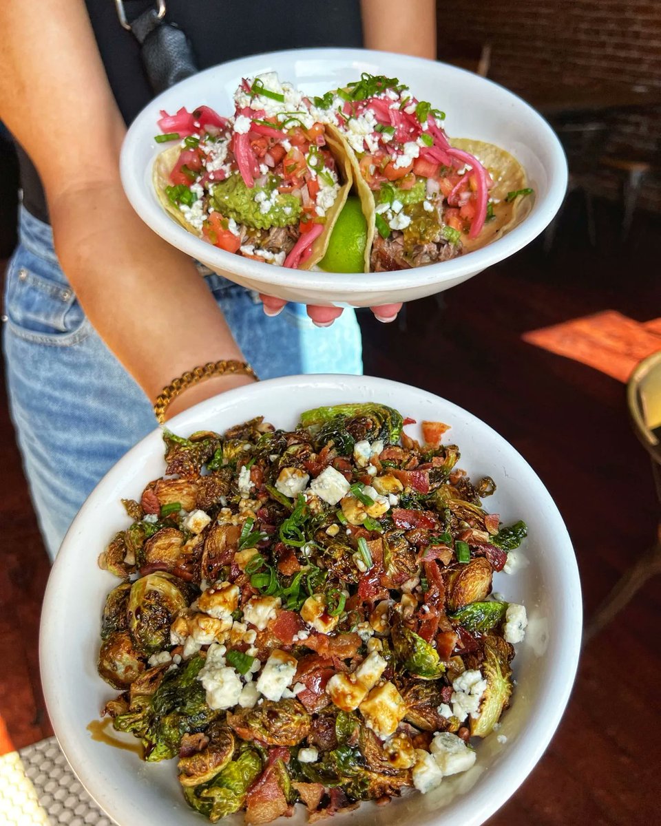 Fried Brussel Sprouts deserve more love 🤤  Deep fried Brussel Sprouts, bacon, Gorgonzola cheese, pecans,  scallions, drizzled with Balsamic Glaze 🔥