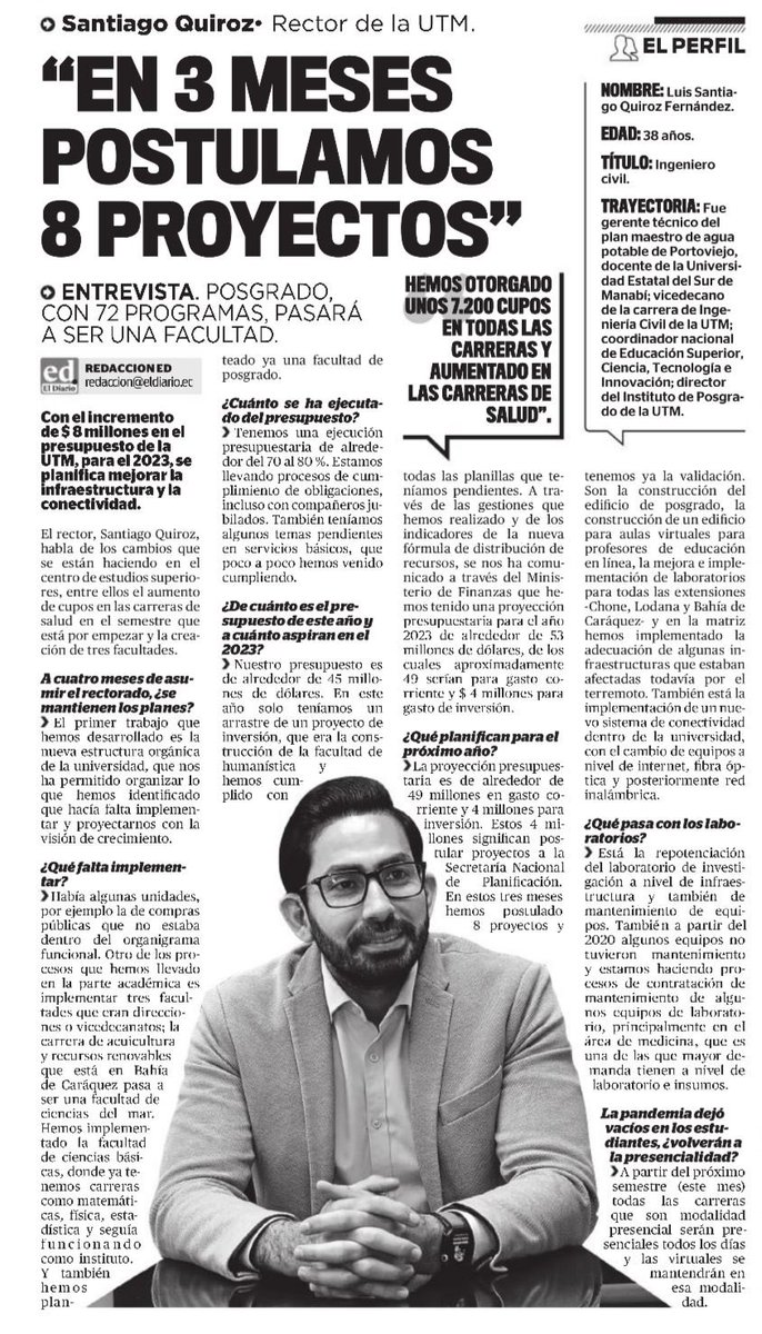 santiagoquirof's tweet image. El trabajo ha sido unidos, y gracias al apoyo de toda la comunidad universitaria nuestra @UTMManabi seguirá fortaleciéndose y creciendo.

Agradezco a @eldiarioec por permitir dar a conocer la gestión desarrollada en estos primeros meses de gestión.
#UTMUnidos 🔰
