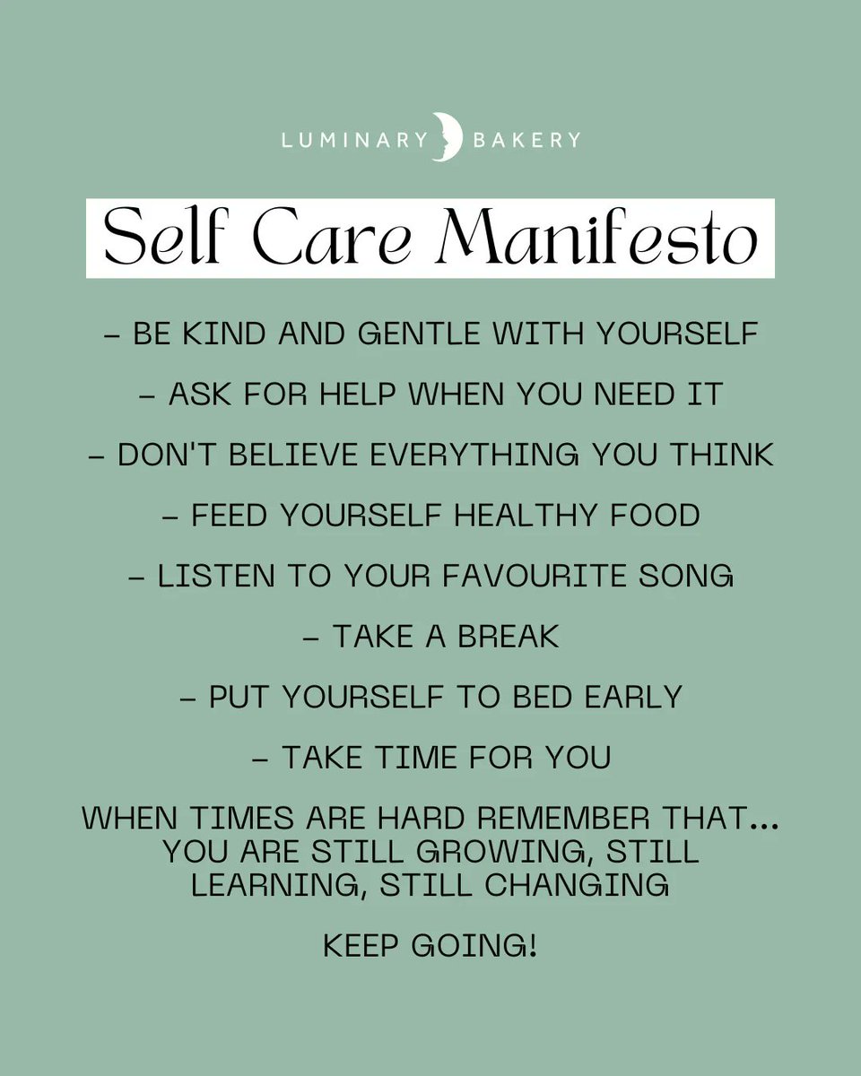 LuminaryBakery's tweet image. Today is #WorldMentalHealthDay &amp;amp; this week on the #LuminaryEmployabilityCourse our trainees are talking about mental health in the workplace. Together they have come up with &amp;amp; committed to their own Self Care Manifesto!

Which one of these do you need to practice this week?

💛