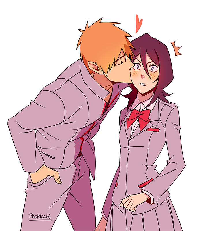 kuchiki rukia 1girl 1boy hetero kiss skirt ! jacket  illustration images