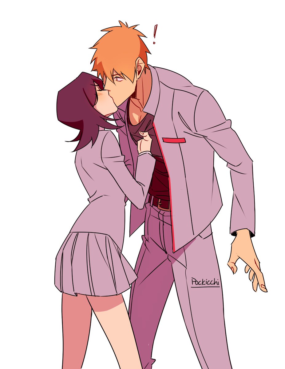 kuchiki rukia 1girl 1boy hetero kiss skirt ! jacket  illustration images