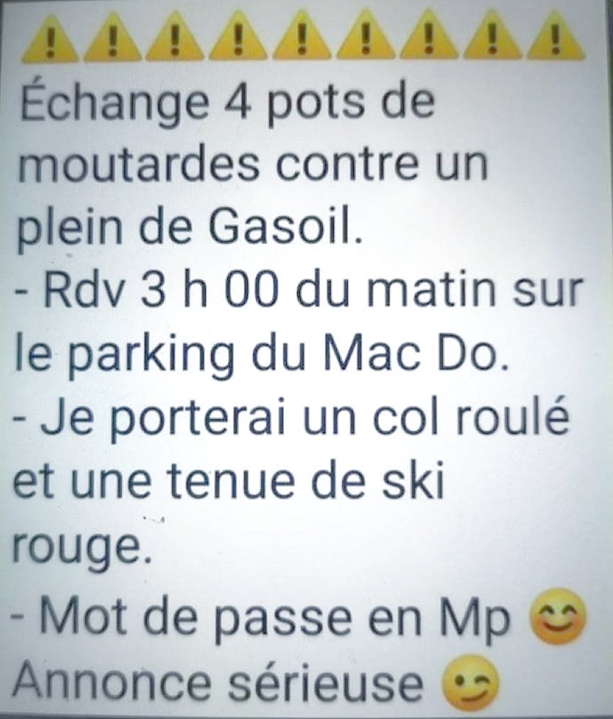 jphtwittes's tweet photo. Échange 4 pots de moutardes contre un plein d’essence !!! 👍😂👍
.
Annonce sérieuse !!! ⚡️🖐️⚡️🖐️⚡️
.
#penuriecarburant #essence #bagnole #voiture #tuture #bimbam #ChauffeMarcel #zyva #carburants #stationservice https://t.co/auT4CGZ7oJ