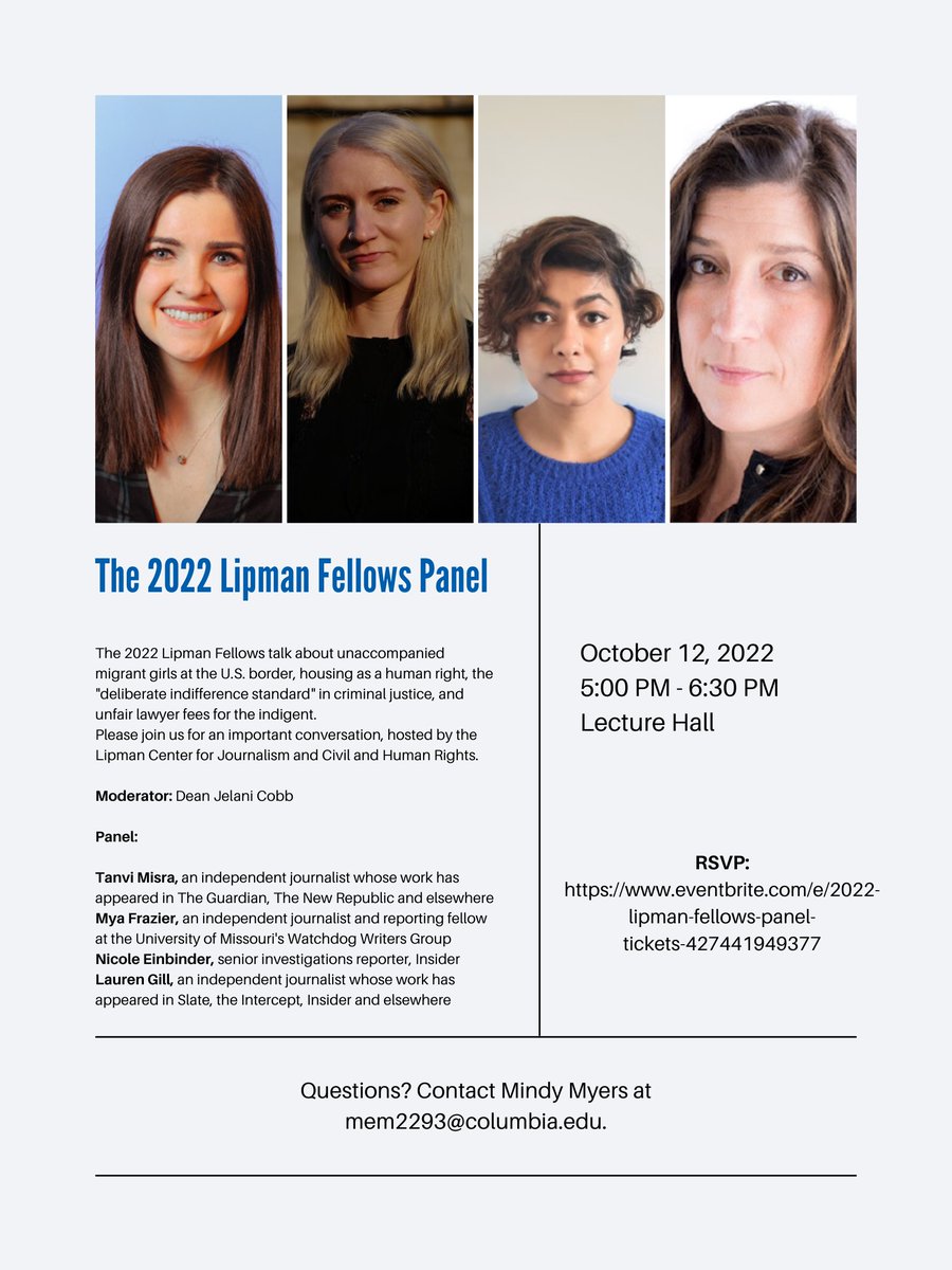 LipmanCenterCJS's tweet photo. On Wednesday, Oct. 12 at 5 p.m., The Lipman Center hosts the 2022 Lipman Fellows Panel. The event will be moderated by Jelani Cobb, dean of Columbia's Graduate School of Journalism, and feature four returning Lipman Fellows. https://t.co/6pPx3NBbon