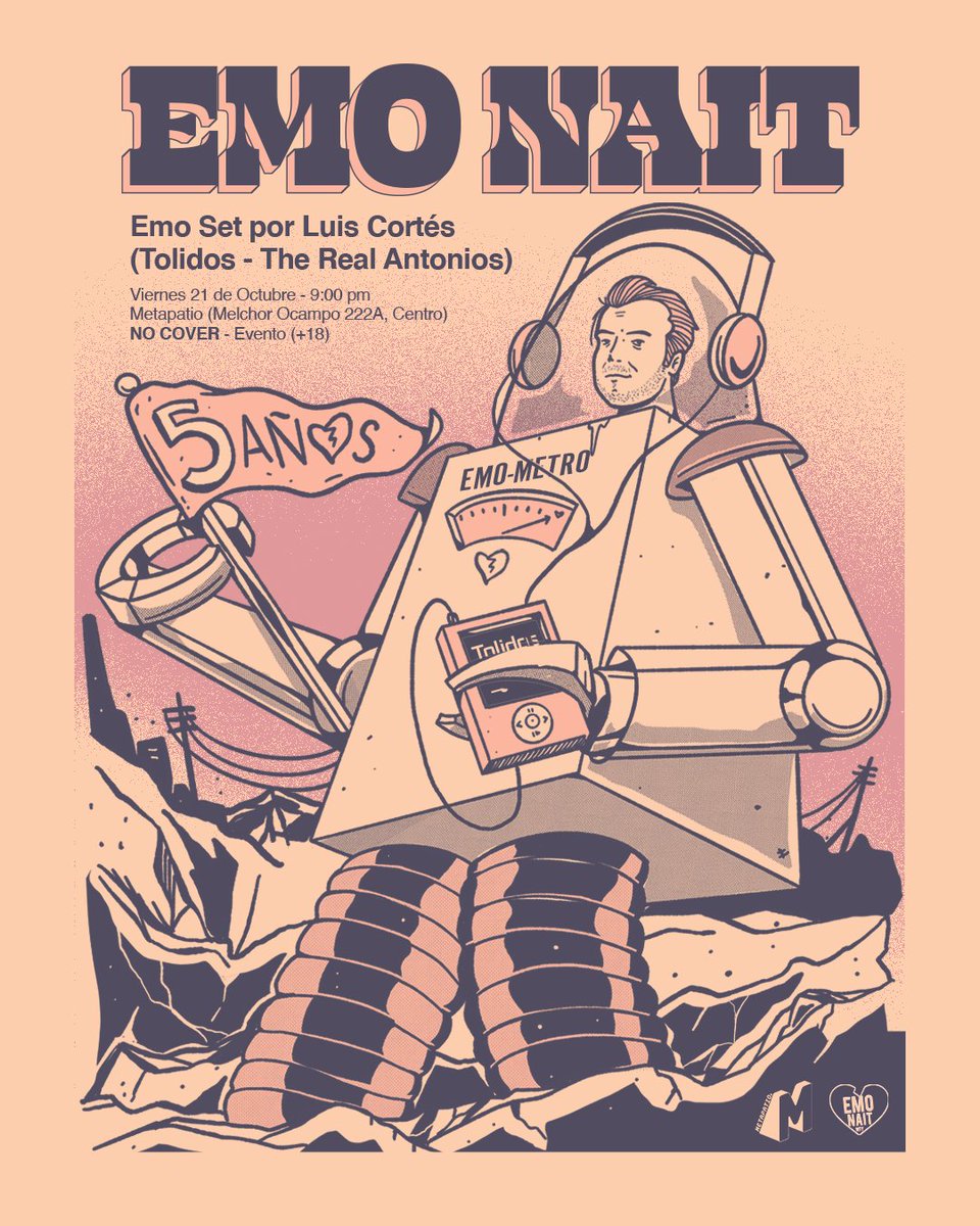 ¡Festejemos juntos los primeros 5️⃣ años de la fiesta Emo más grande de Nuevo León! 
Emo Set por Luis Cortés <a href="/vrnsmx/">Luis Cortes</a> (<a href="/tolidos_MX/">Tolidos</a>  &amp; IG: 
@luiscortescervantes @the_real_antonios) 
21 de octubre @metapatio
9:00 P.M.
NO COVER.