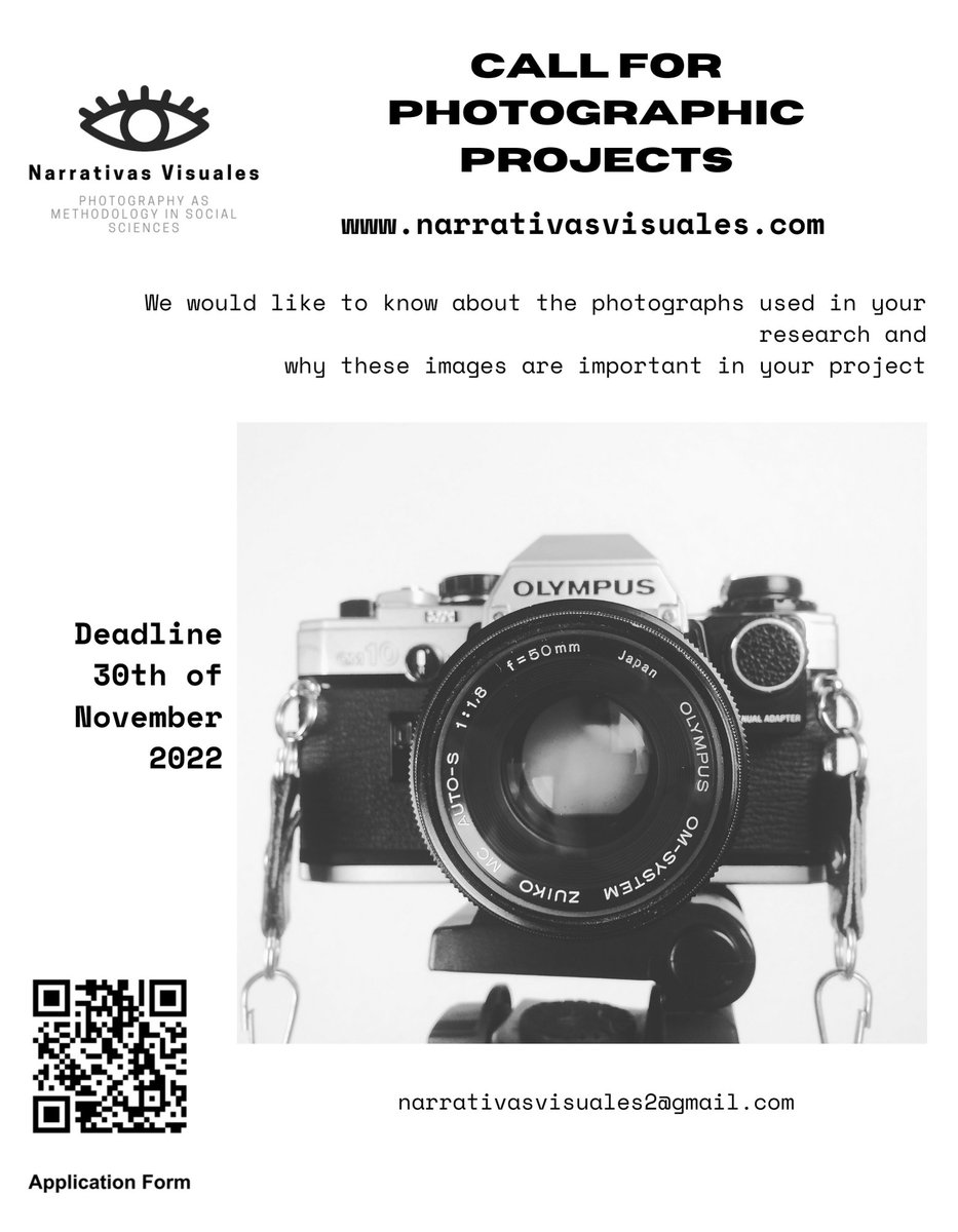 Narrativas Visuales (@narrativas_v) on Twitter photo Call for photographic projects!!
Did you take photographs during your last research? <a href="/Narrativas_V/">Narrativas Visuales</a> allow publishing them! Now is open the third call for photography projects; find more details on our webpage or the picture attached narrativasvisuales.com
Deadline: 30-11-2022 Call for photographic projects!!
Did you take photographs during your last research? <a href="/Narrativas_V/">Narrativas Visuales</a> allow publishing them! Now is open the third call for photography projects; find more details on our webpage or the picture attached narrativasvisuales.com
Deadline: 30-11-2022