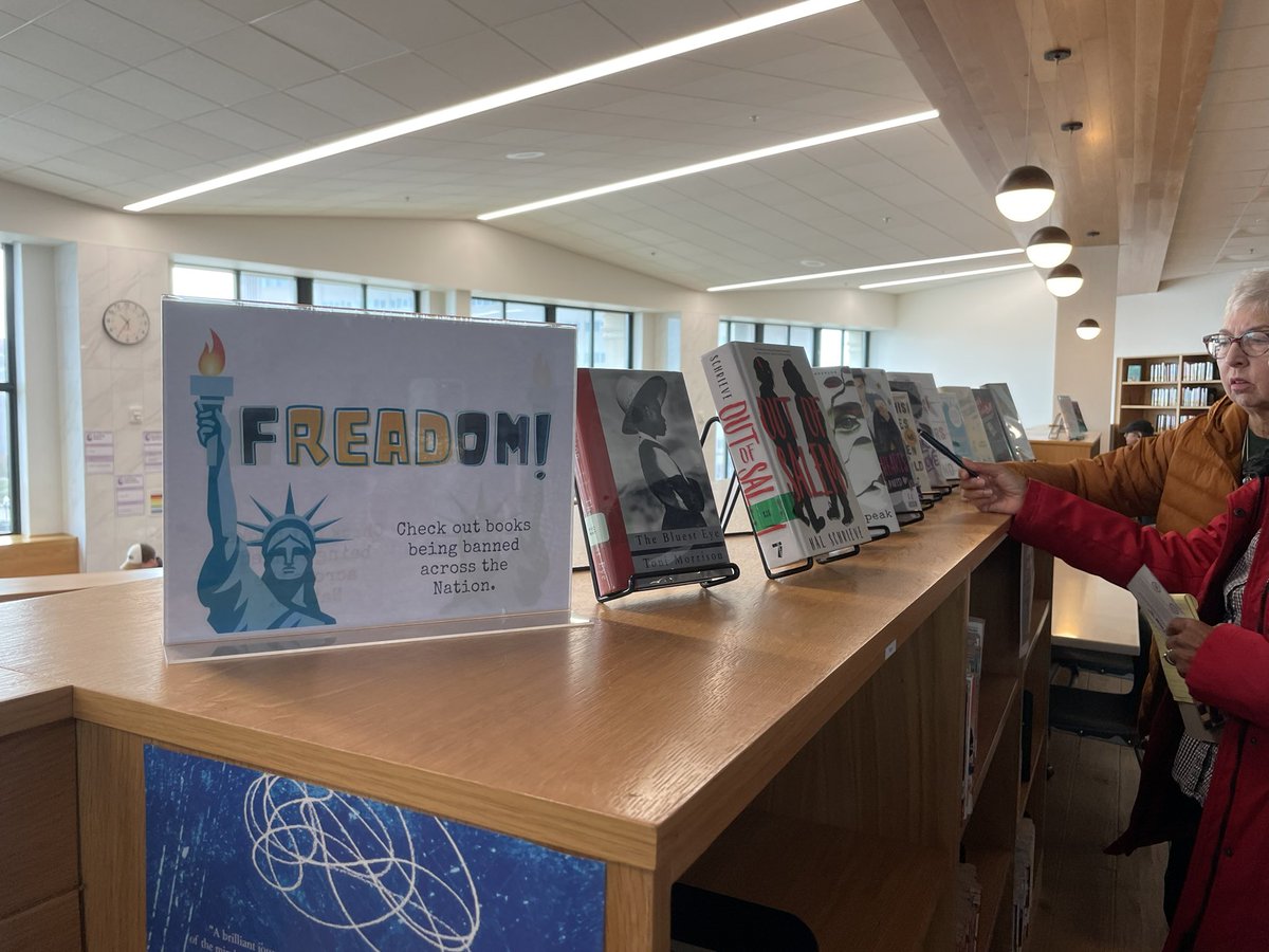 jpsteinberg's tweet photo. At 50th high school reunion over the weekend. Proud alum of Omaha Central. Great display of banned books in the library. Also made me proud. https://t.co/DSLEk2S9NE