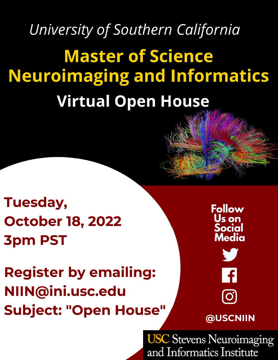 Don't miss our virtual open house next Tuesday, Oct 18,  3 pm PST! 
Learn about our USC Master's in #Neuroimaging and Informatics program &amp; career paths. 🧠💻 #Bioinformatics
To register and get a zoom link: email niin@ini.usc.edu subject line "Open House".  
Please share widely!