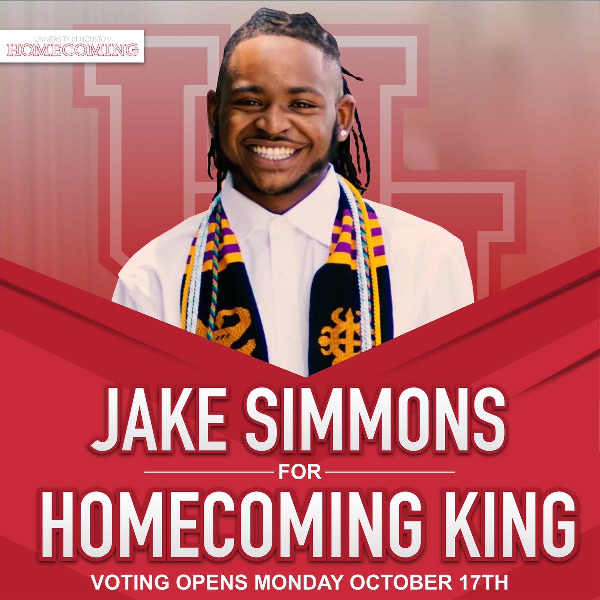 UH_C100's tweet photo. The Metropolitan Chapter of Collegiate 100 at University of Houston is happy to announce that Jacobs “Jake” Simmons will be representing us in the 2022 Homecoming King race 🐾❤️🐾make sure to vote , Monday October 17. @spiffy_jake https://t.co/nMARlB6r1g