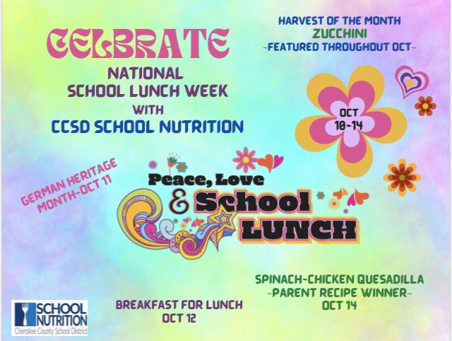 CCSDGaSNP's tweet photo. Itβs National School Lunch Week and the theme this year is Peace, Love and School Lunch! βοΈβ€οΈπ½
Check out the groovy menus we have planned this week! See you in the cafe! #NSLW22 #CCSDServes https://t.co/h74xIragT5
