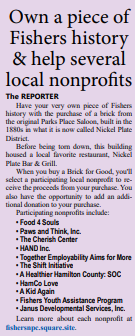 Preserve a piece of Fishers history and support #housing4all! HAND is thrilled to be part of this fundraiser - buy a brick from the old Parks Place Saloon/Nickel Plate Bar &amp; Grill through the Bricks for Good fundraiser today. fishersnpc.square.site