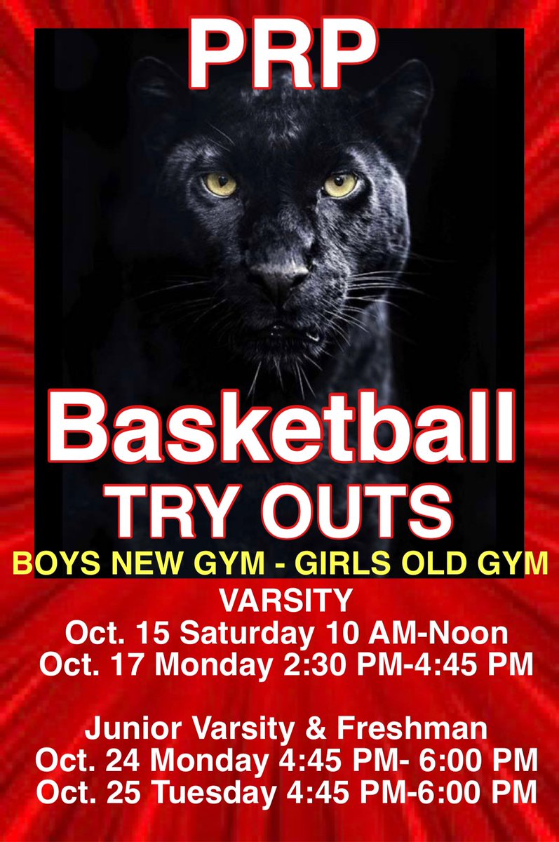 PRP Boys and Girls basketball try out schedule.