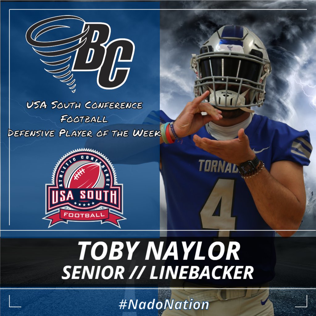 Football: BREAKING NEWS - Congrats to @BrevardF5 senior linebacker Toby Naylor for earning @usa_south Defensive Player of the Week honors after a 13-tackle performance that included a sack, 4 TFLs, and a forced fumble. #NadoNation #d3fb