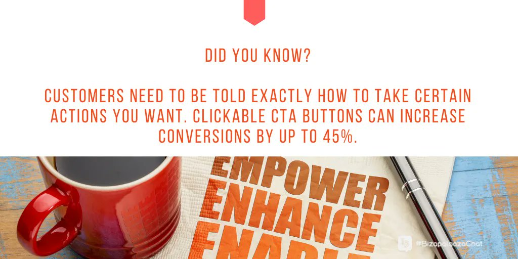 Did you know? Customers need to be told exactly how to take certain actions you want. Clickable #CTA buttons can increase conversions by up to 45%. Source: <a href="/B2Community/">Business 2 Community</a> #businesstips #entrepreneurship #sales #marketing #CX #strategy #smallbusiness #BizapaloozaChat