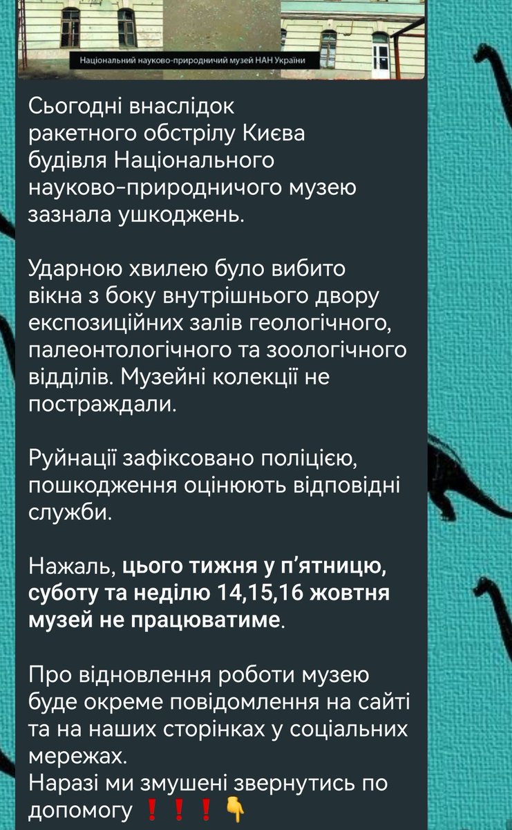 kuroocallme's tweet photo. Якщо раптом у когось ще залишилися гроші на донати:
Неймовірний природничий музей в Києві сьогодні теж постраждав (детальніше у них в каналі), тут можна допомогти з відновленням та/або поширенням інформації.
 🦕🦖 🐚🪨🐾 - це вони просили передати

https://t.co/Nx3AaCsfh8 https://t.co/m5afgDmpIA