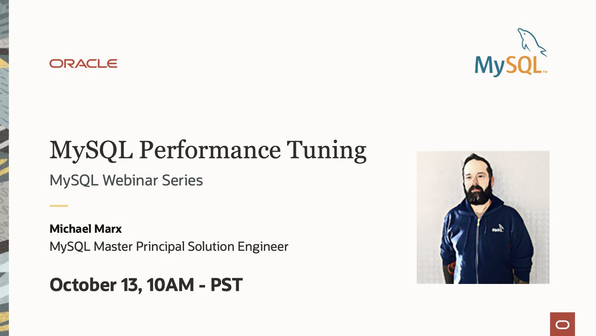 MySQL's tweet image. [Webinar] OCT 13. 10AM PT. MySQL Performance Tuning. Will cover ways to analyze the instances&apos; performance and share suggestions and best practices. social.ora.cl/6013MgZe1
#MySQL #BestPractices #QueryPerformance