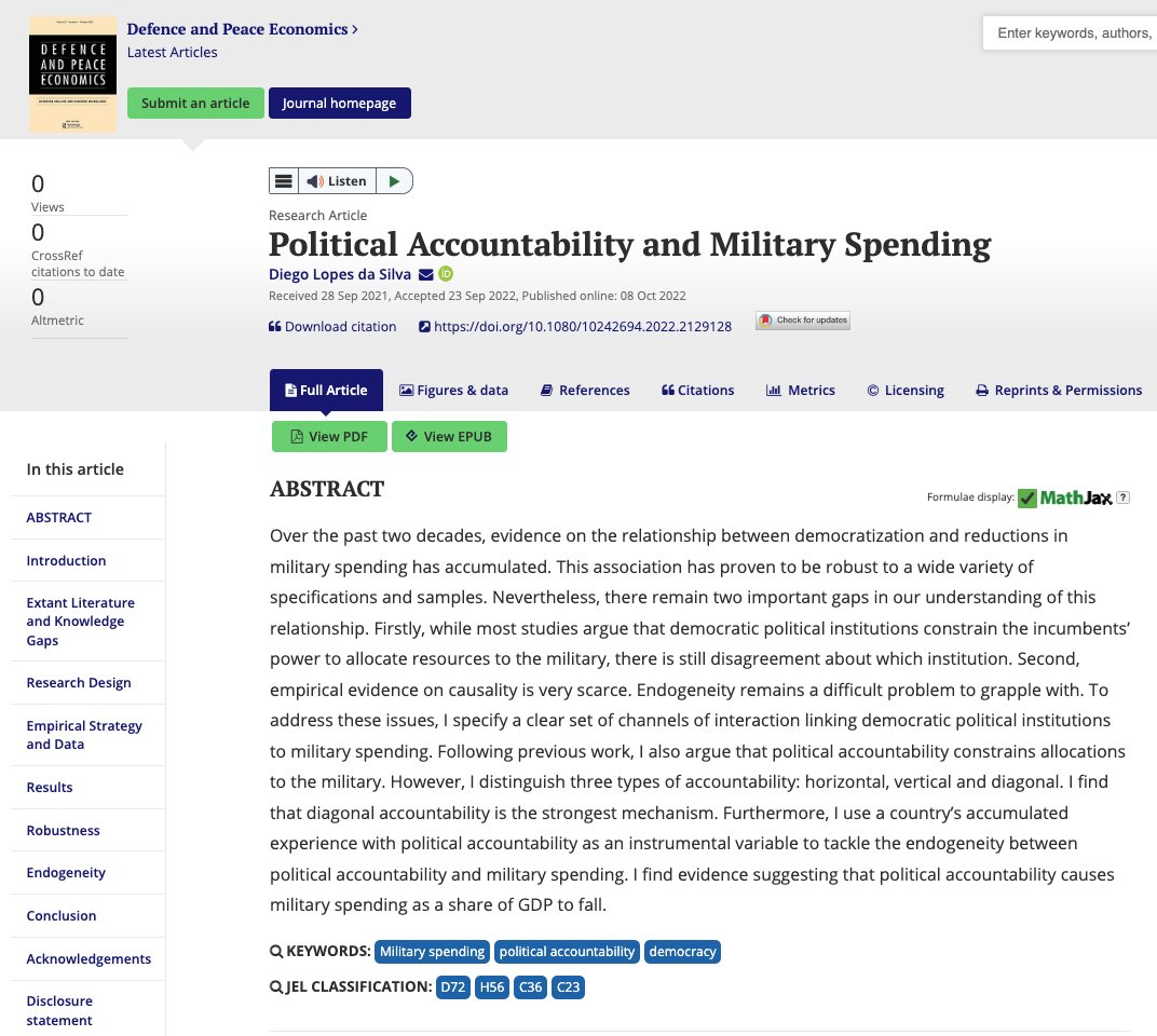 I am happy to share that my article on the constraining effects of political accountability on military spending has just been published in Defence and Peace Economics! Better yet: It is Open Access!😊
tandfonline.com/doi/full/10.10…