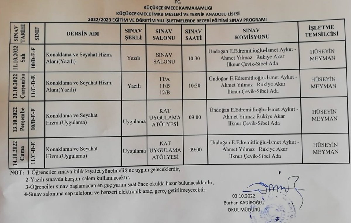 Okulumuzun beceri eğitimi sınav takvimidir.
Tüm öğrencilerimize başarılar dileriz.