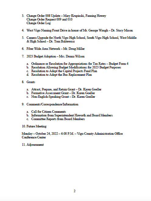 Tonight's 6:00 p.m. board meeting will be held at the Vigo County School Corporation Administration Conference Center, at 501 W. Olive St. in West Terre Haute.

The agenda is included in this post.

Streaming: youtube.com/channel/UCNDbt…
#teamvigo