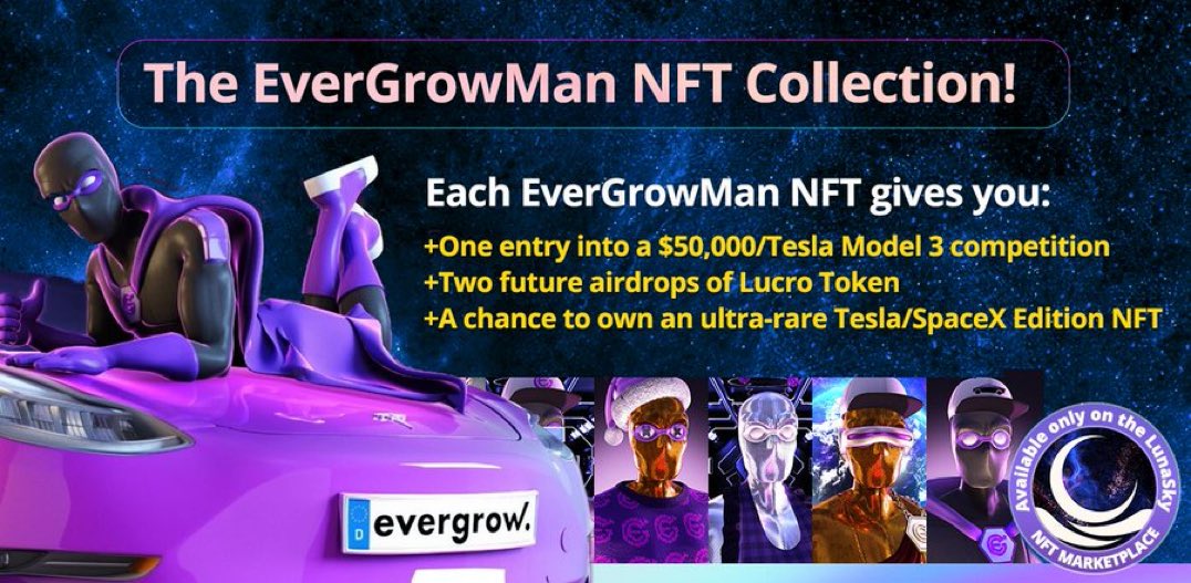 ProtipsDan's tweet image. Win a Tesla model 3 or $50,000 just by owning a #EverGrow NFT!

Exclusively available now at #lunasky.com 
#LunaSky