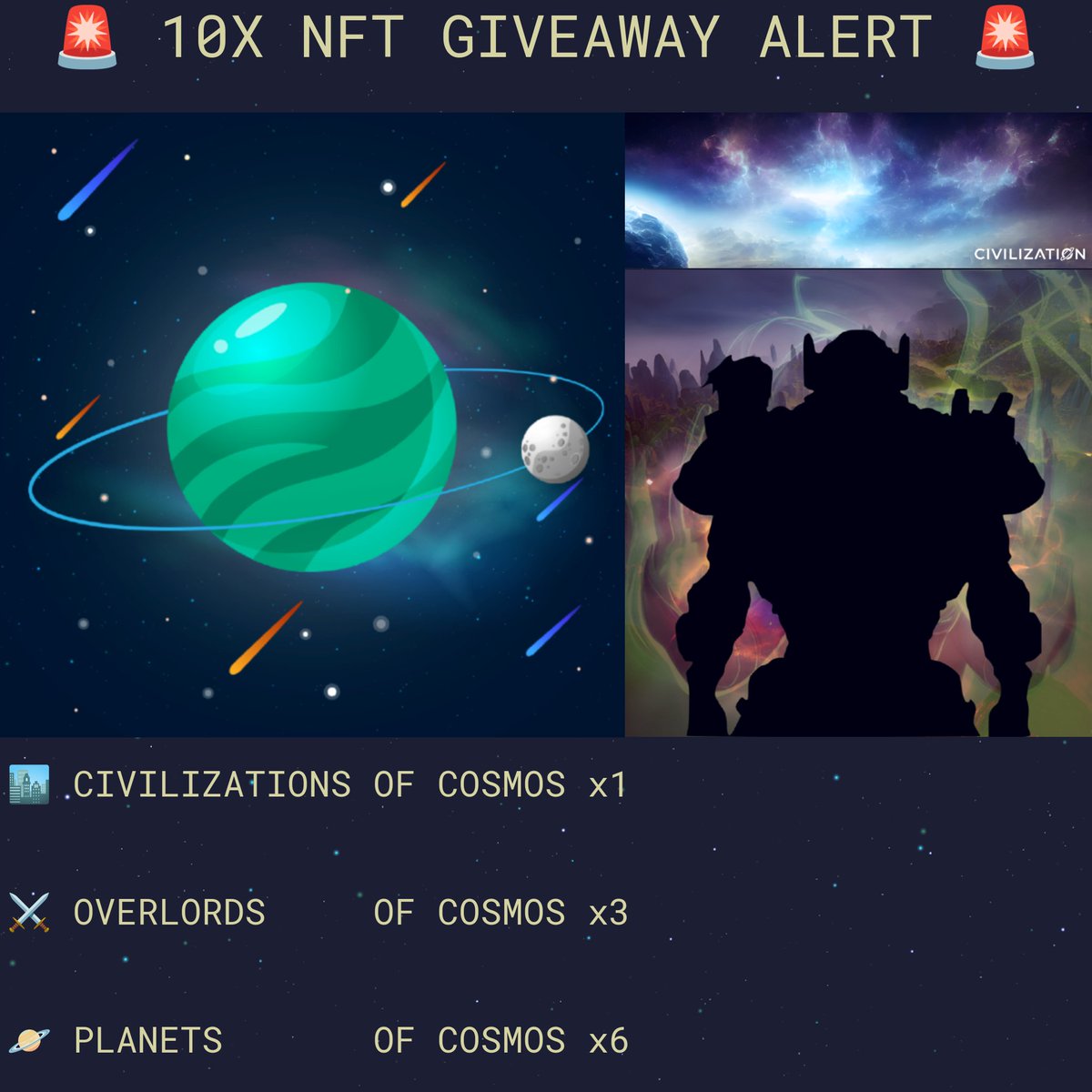 🚨 Huge NFT giveaway 🚨

Raffling a total of 10x NFTs + 888 $Stars ✨

To have a chance to win just 👇

- ✍️ Participate via <a href="/gleamapp/">Gleam</a>

gleam.io/competitions/J…

- ✅ Comment your $Stars address

⏰ 24 hours

Good luck, Astronauts 👨‍🚀

#Cosmonauts #IBCGang  #Giveaway $Stars