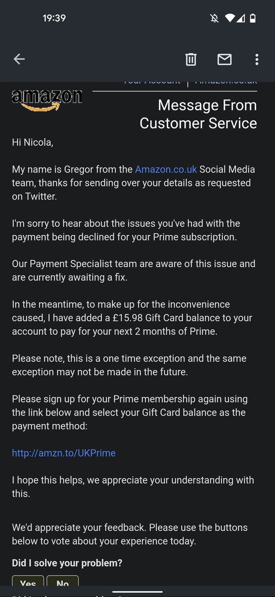 niceeeela's tweet photo. @AmazonHelp I've been through multiple web chat/phone calls/twitter messages and emails. This was the last 'resolution' but it's still not working. I've had to buy a gift card, send to myself, then use that to pay for prime. I won't be going through that rigmarole every month. Fed up now. https://t.co/gOVragGfq0