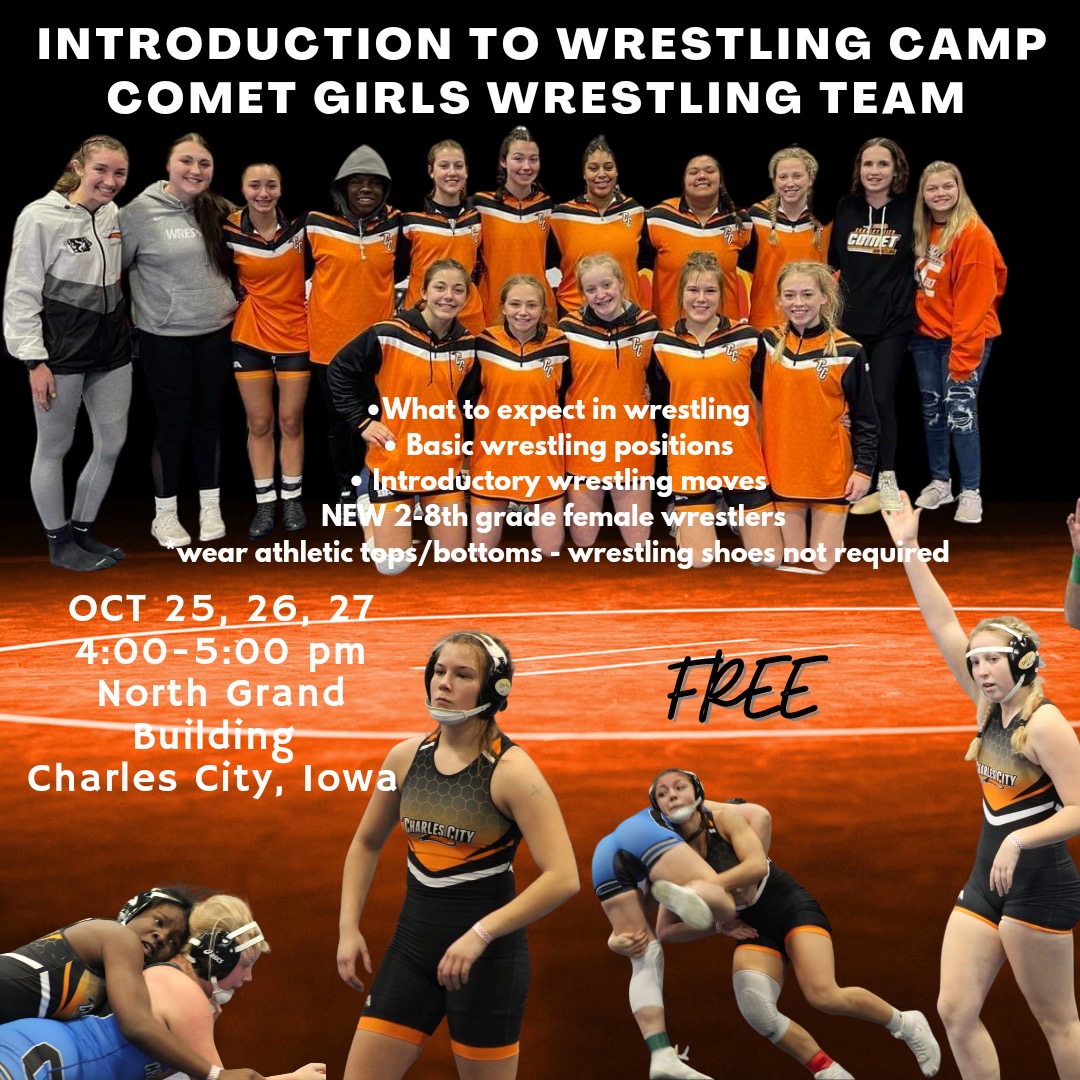 Great opportunity for young female wrestlers! Our girls team is doing a free clinic on Oct. 25, 26, 27. 4-5 pm for any girl 2nd-8th grade. Beginner to experienced, doesn't matter, it'll be at 500 N. Grand. Check out the flyer below.