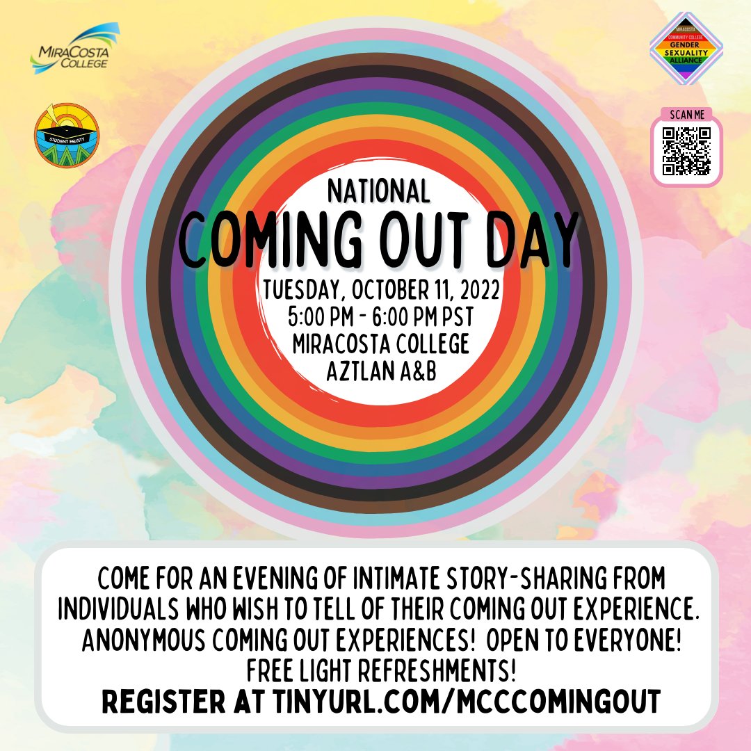 Student_Equity's tweet photo. EVENTS THIS WEEK: National Coming Out Day (10/11, 5-6PM, OC Aztlan) https://t.co/ATA82gPXn3 | Career &amp; Major Fair (10/13, 11A-2P, OC Fountain) https://t.co/aENaGFfaeX | Latino Book &amp; Family Festival (10/15, 10A-4P, MiraCosta) https://t.co/LClCuofFaZ #MiraCosta #events https://t.co/P5I4NAkHzR