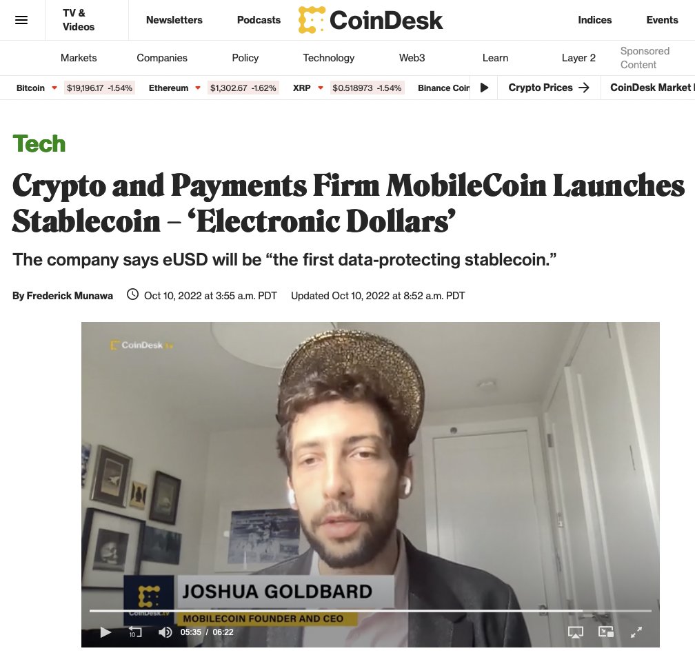 MobileCoin launches eUSD, the world's first private digital dollar.

It's fast, secure, mobile-first and easy to use. Available for developers today in their Moby wallet and Signal integration; public release is later this year.
— coindesk.com/tech/2022/10/1…
— mobilecoin.com/blog/mobilecoi…