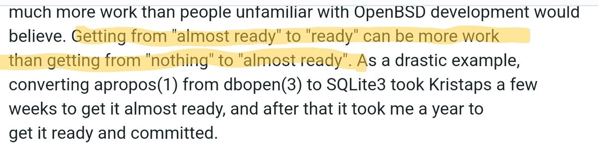EmreSevinc's tweet photo. "Getting from 'almost ready' to 'ready' can be more work than getting from 'nothing' to 'almost ready'" #software
#engineering #sweng #BSD #OpenBSD
https://t.co/fEGXaIw598 https://t.co/14udGHdLrv