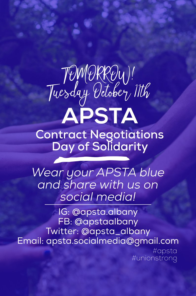 apsta_albany's tweet photo. Tomorrow: October 11th, wear your “APSTA Blue” in support and solidarity with your Negotiations team! Share with or tag us in your photos via Instagram, Facebook, or Twitter; you can also use the hashtag #apsta and/or #wearblueastheybargainforyou
#unionstrong https://t.co/NAQi0aSatQ