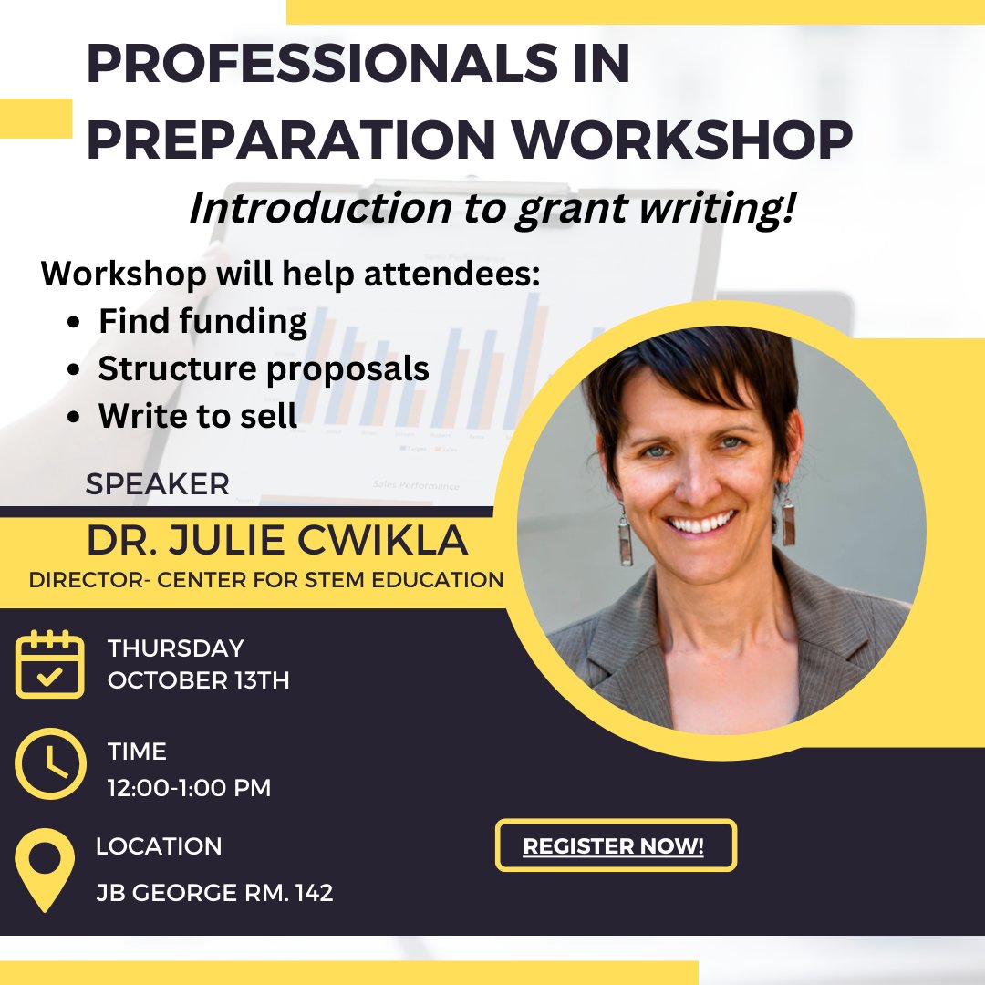 The Graduate School's third Professionals in Preparation workshop is scheduled for Thursday, October 13 from 12-1pm in the J.B. George Building, room 142 (in-person). Dr. Julie Cwikla will provide an introduction to grant writing from 1,000 feet. Register today!