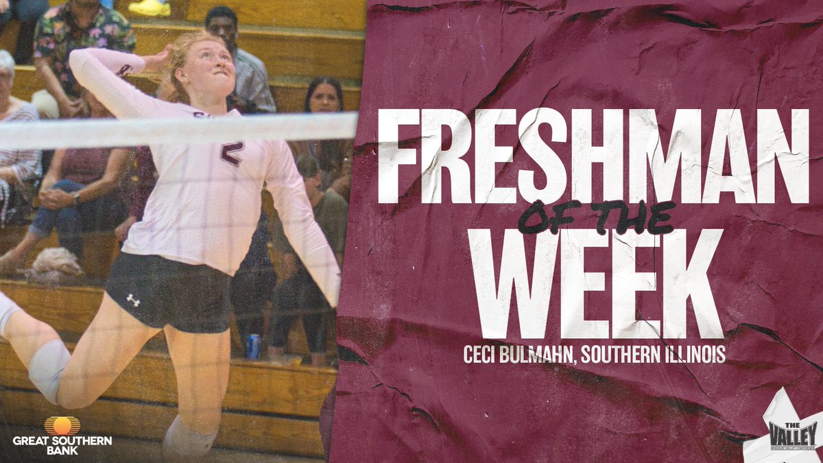 MVCsports's tweet photo. Freshman of the Week ⫸ Ceci Bulmahn, @SIU_Volleyball

▪️ Finished with 23 kills and 23 digs during wins at Evansville and Indiana State.
▪️ Averaged 3.29 kills, 3.29 digs and 3.64 points per set. 

Great Southern Bank | #TheValleyRunsDeep https://t.co/tQ5hGEQw6T