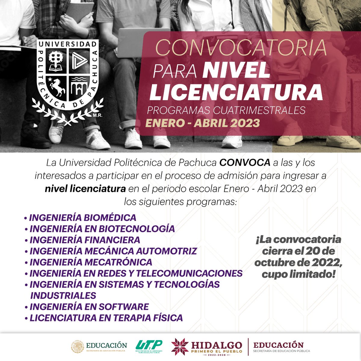 gobiernohidalgo's tweet photo. Conoce la oferta educativa de la @UPPachuca y continúa con tu preparación académica. 

🖥 Consulta la convocatoria en: https://t.co/t297voBcAL

🗓 Fecha límite de registro: 20 de octubre.

¡Con educación, hay Transformación! #PrimeroElPueblo https://t.co/Y0xx6GIHqP