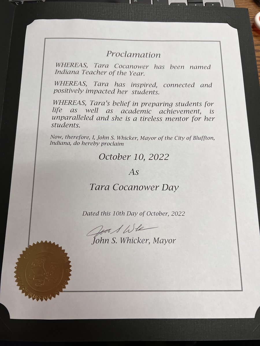 T_Cocanower's tweet photo. Today I was honored by a proclamation making today, October 10, 2022, Tara Cocanower Day in my hometown to recognize me as Teacher of the Year! I am humbled especially because it was presented by Mayor Whicker and my favorite 1st grade teacher Mrs. Whicker! 

#INTOY23 @EducateIN https://t.co/dveOlmYyck