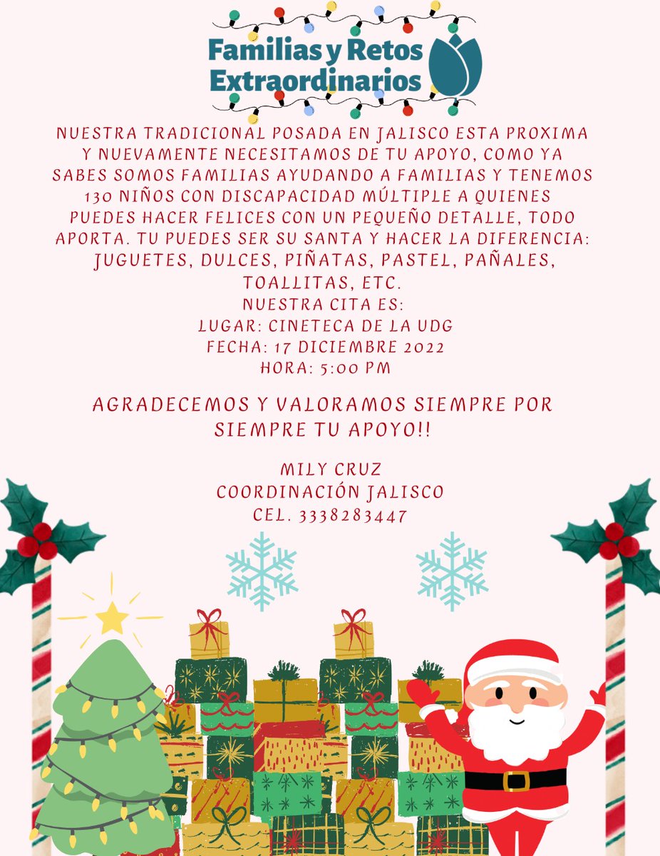 Nuestra tradicional posada en Jalisco esta próxima y nuevamente necesitamos de tu apoyo,  como ya sabes somos familias ayudando a familias y tenemos 130 niños con discapacidad múltiple  a quienes puedes hacer felices con un pequeño detalle, todo aporta