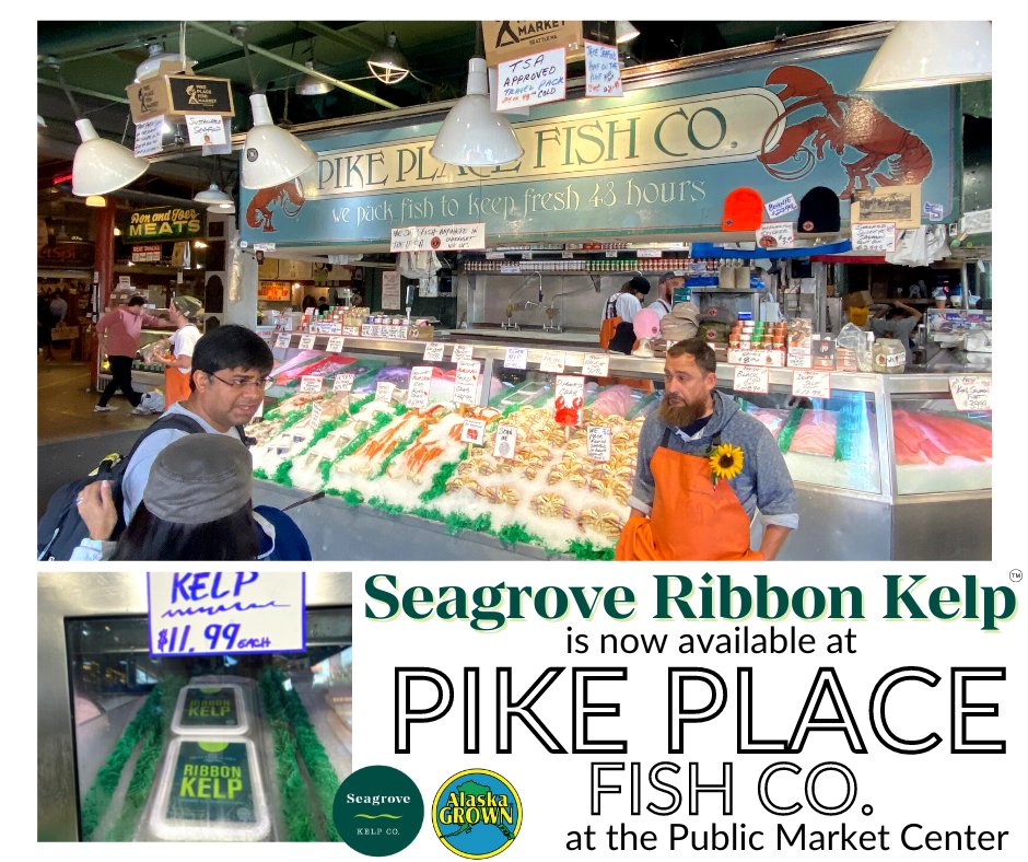 SeagroveAlaska's tweet photo. You can now find Seagrove Ribbon Kelp at Pike Place Market in Seattle! Just look for the guys throwing the fish 🐟 at Pike Place Fish Market 
#pikeplacefishmarket #pikeplacemarket #seattle #seaweed #kelp https://t.co/EFlueXU4rN