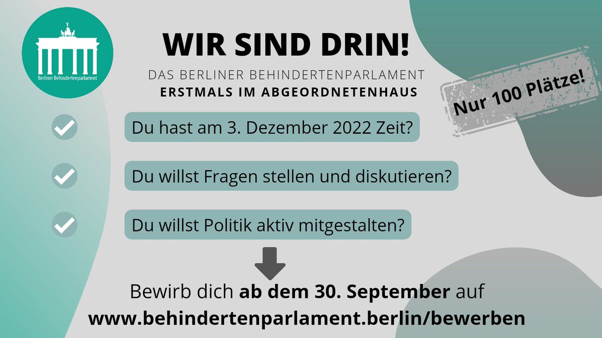 BBV_ev's tweet photo. Wir sind drin! Das @BBParlament ist am 3. Dezember 2022 im @AGH_Berlin Du hast Zeit? Da willst Fragen stellen und mitdiskutieren? Du willst Politik aktiv mitgestalten? Mach mit und sei dabei. https://t.co/qCZEgeA0L2
Danke @Dennis_Buchner #Inklusion #Teilhabe #Barrierefreiheit https://t.co/36nClv6JLl
