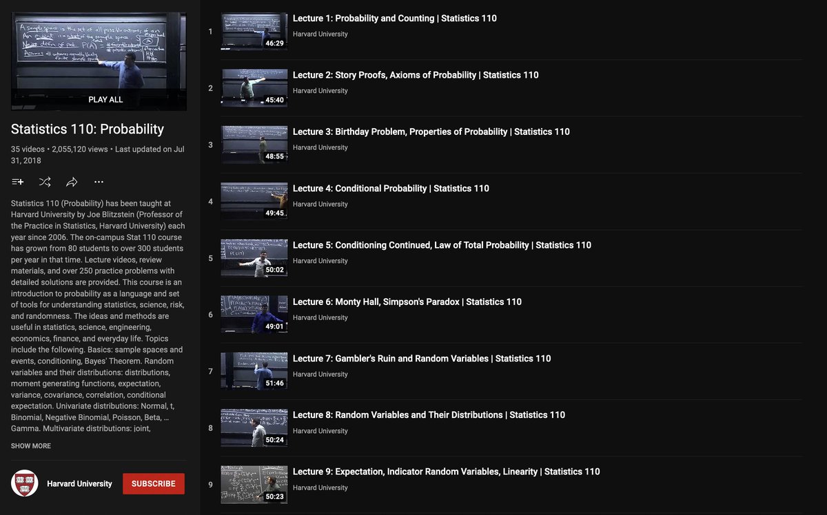 Statistics 110: Probability - Harvard

Inarguably, one of the classic probability courses on the web!!

youtube.com/playlist?list=…