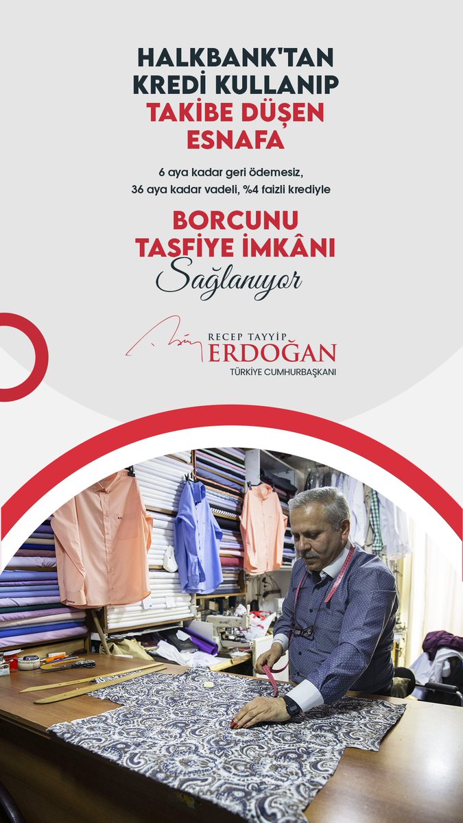 Halkbank’tan kredi kullanıp takibe düşen esnafımıza borcunu tasfiye imkânı sağlıyoruz.

Salgın ve savaş şartlarının önümüze çıkardığı zorlu süreçte esnaf ve sanatkârımızın yanında olduk, olmayı sürdürüyoruz.