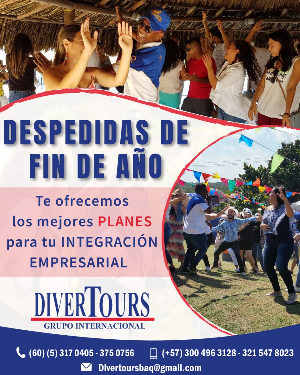 Divertoursltda's tweet photo. TENEMOS los Mejores Eventos de F I N  D E  A Ñ O empresarial para celebrar y compartir con tu equipo de trabajo🥳
📲Contáctanos y Reserva tus Cupos: 
300 496 31 28 - 321 5478023 
📲 (60) (5) 317 04 05 - 375 07 56
📧 divertoursbaq@gmail.com
💻 https://t.co/m04ahmg2PJ https://t.co/QEfYeXq99T