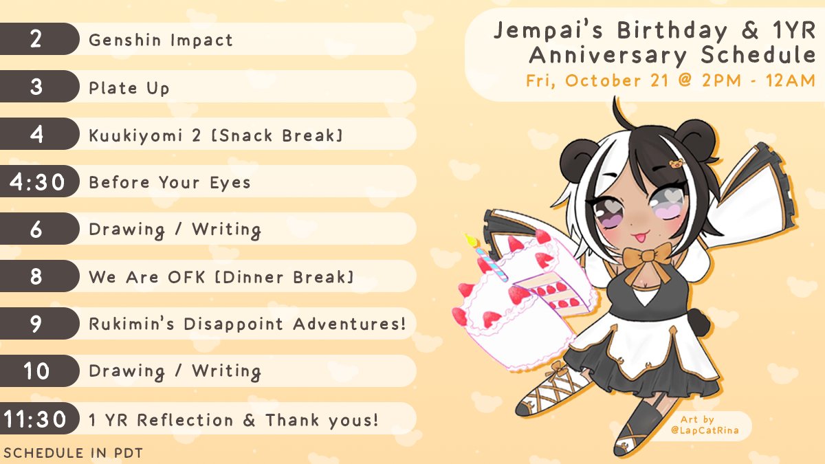 jempai_streams's tweet photo. 🎉Birthday &amp; 1 Year Anniversary Stream 🎉

Celebrate with me during my first Subathon stream pushing 10 hours of funsies!

➡️ Friday, October 21st @ 2PM - 12AM (PDT)
➡️ https://t.co/j7ONtkCFmS
⬇️ Schedule, goals, and details in thread!

#JempaiStreams #ENVtuber #Vtuber https://t.co/uI4YZeJ2kG