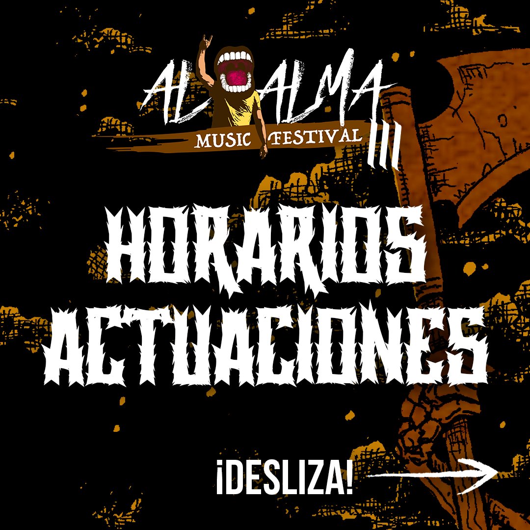UniversoSabika's tweet photo. ⚠️🕕 ¡¡Horarios de las actuaciones que componen la tercera edición del #AlAlmAMusicFestival III Ed!!

#AlAlmA #AlAlmAFest #UniversoSabika #Crisix #FaustoTaranto #Aphonnic #Inyourface #Tribal #PerpetualNight #Demiurgo #Hormigón #Minos #ElephantRiders #Redface #MyOwnRedemption https://t.co/F5xJaalOyA