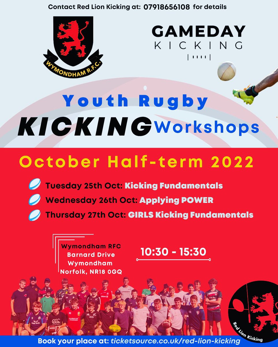 SIGN UP for the October Half-term Youth Rugby Kicking Workshops with @red_lion_kicking at <a href="/wymondhamrugby/">Wymondham RFC</a> 🇬🇧

Tuesday 25th Oct: KICKING FUNDAMENTALS
Wednesday 26th Oct: APPLYING POWER
Thursday 27th Oct: GIRLS KICKING
