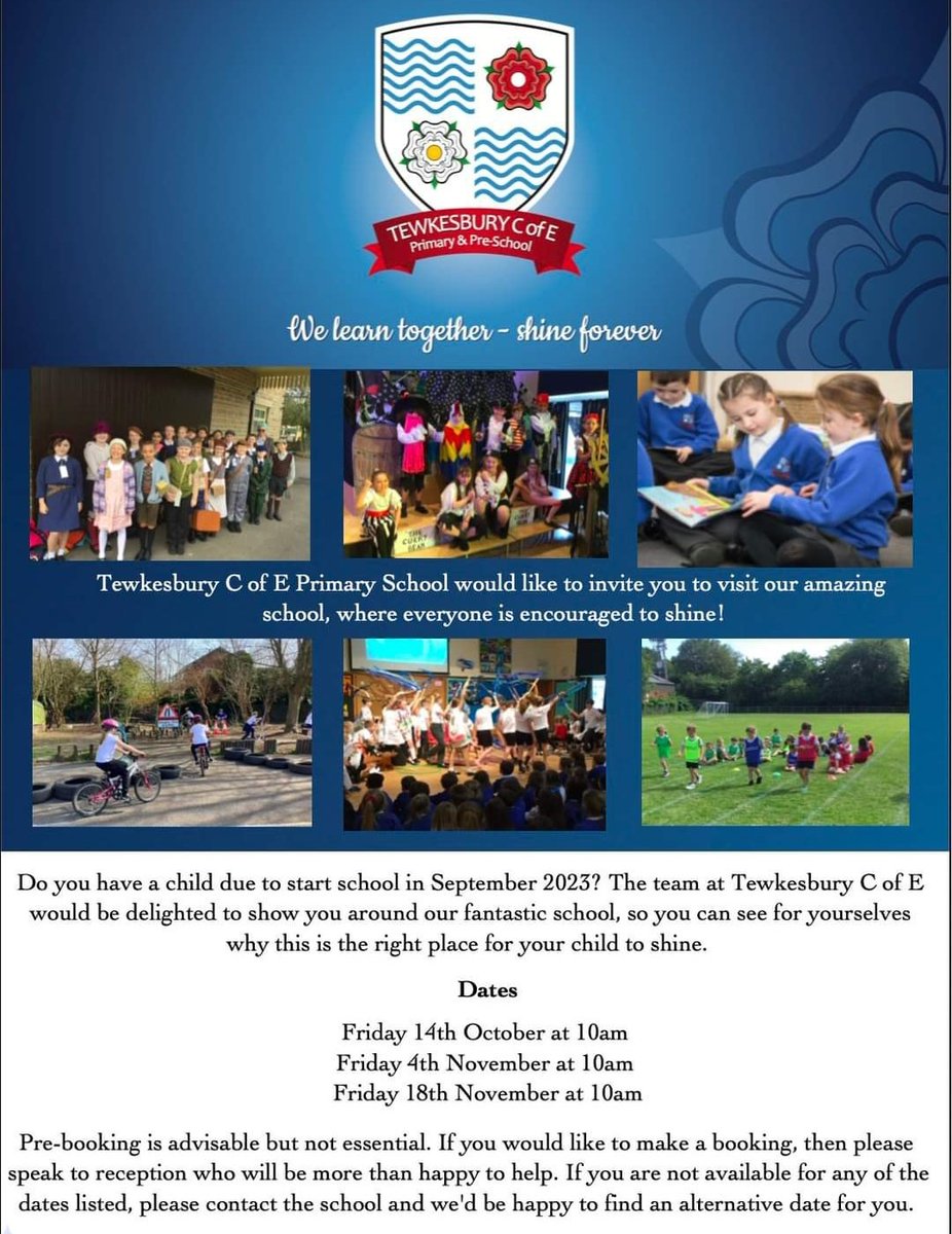 If you have a child starting school in September 2023, we would love to invite you to one of our open days.
Contact details: 01684 292309
Contact email: admin@tewkesbury-pri.gloucs.sch.uk

#learntogethershineforever #proudtobecofe
#tewkesburyPrimary #tewkpri #tewkesbury