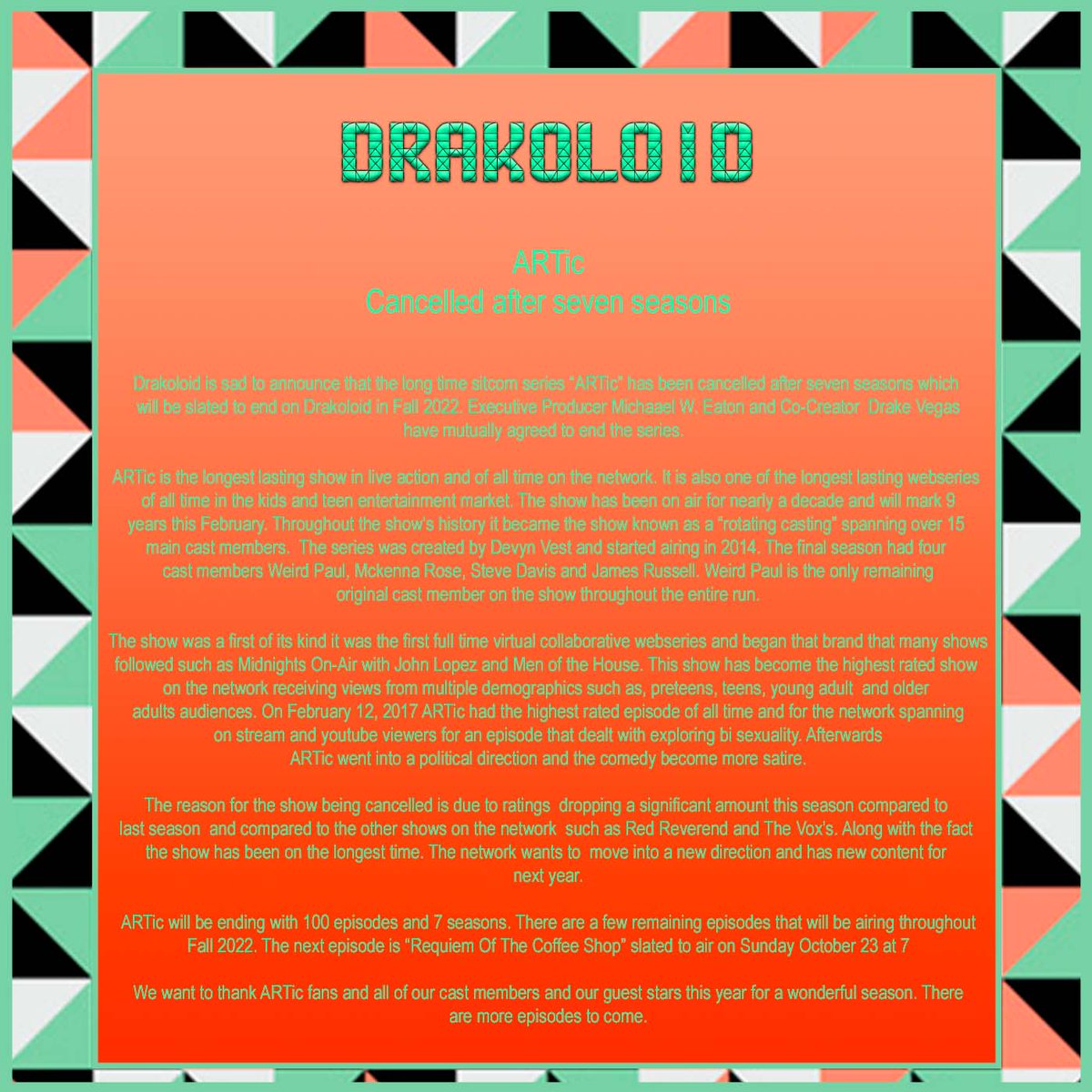 Drakoloid's tweet image. ARTic has been cancelled after 7 seasons via @ARTicTV @weirdpaul @pomckenna @NovaWorldLIVE James Russell