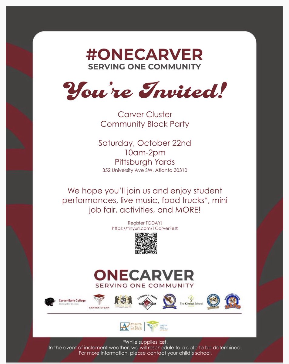 NikkitaDW's tweet image. BLOCK PARTY ALERT! Join us for our first-ever #OneCarver Cluster Community Block Party Sat., 10/22 from 10am-2pm. FREE event @PittsburghYards. Enjoy student performances, live music, food trucks, mini job fair, &amp;amp; more! Celebrate with us &amp;amp; register here: tinyurl.com/1CarverFest